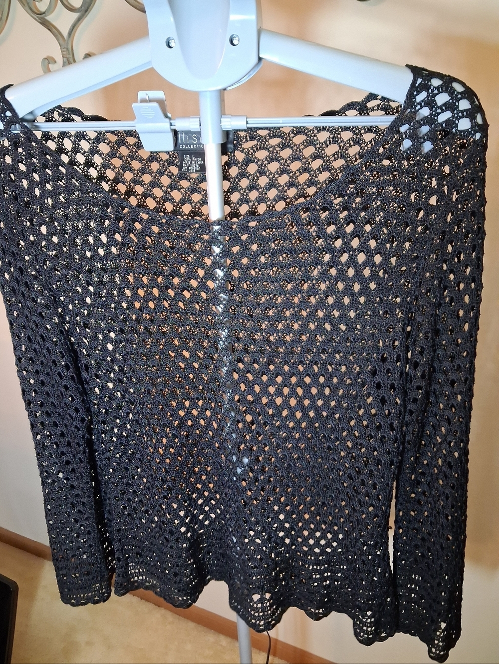 Willi Smith Black Openwork Crochet Long Sleeve Sweater Top